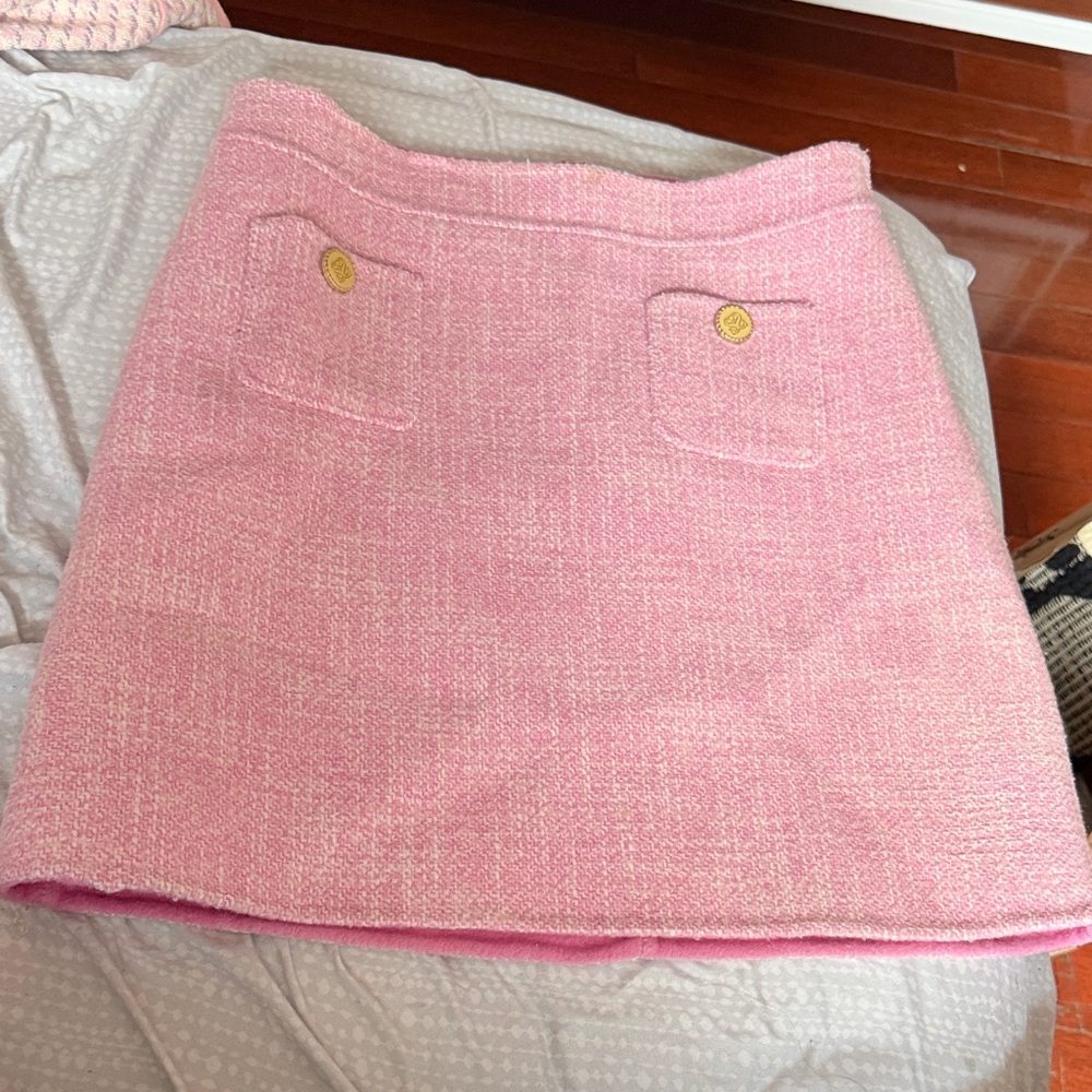 Sandro Pink Tweed Mini Skirt with Gold Buttons